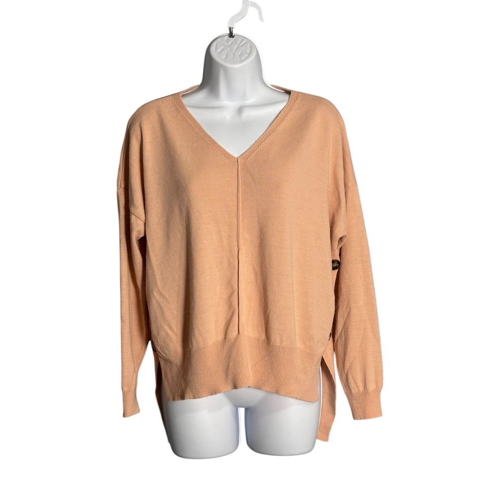 AQE‎ FASHION Peach V Neck Long Sleeve Side Button Sweater Women's Size L